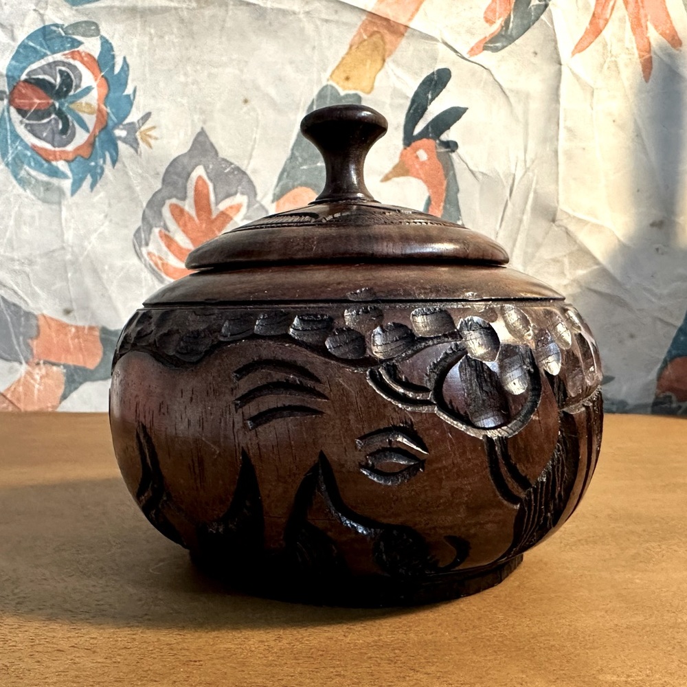 African Wooden Carved Ebony trinket dish - rhino, hippo, safari